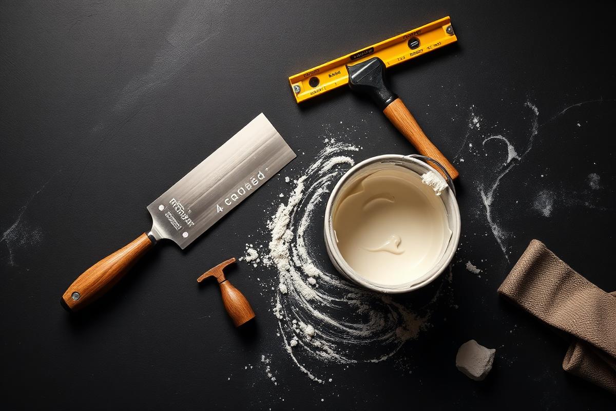 Plasterer's trowel, hawk and bucket of fresh plaster laid out on a dark surface