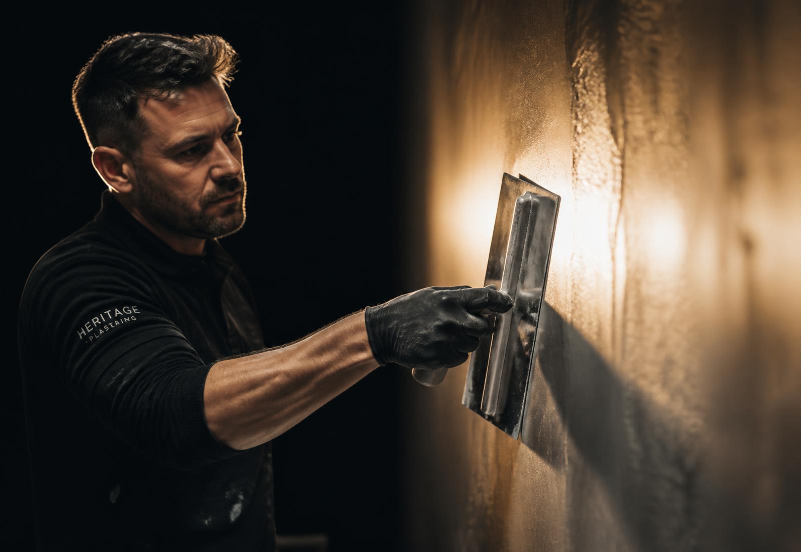 Plasterer skimming a wall to a smooth finish with a steel trowel