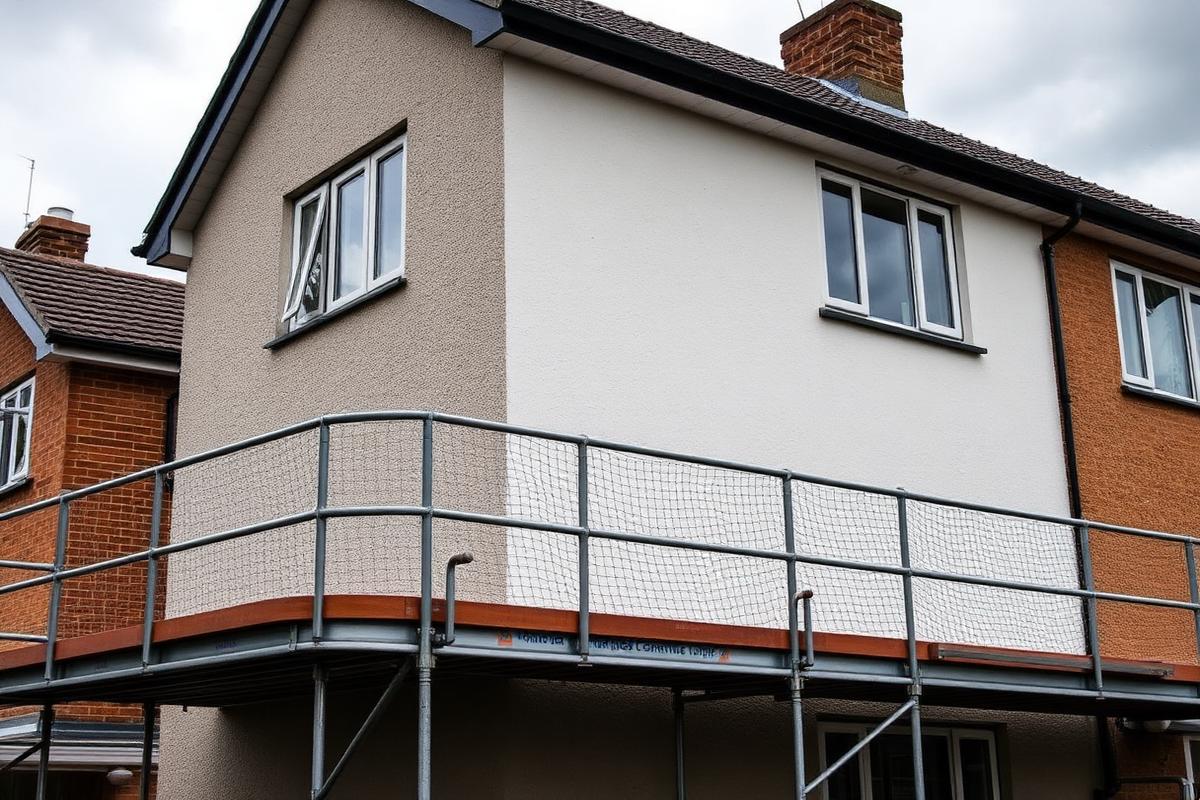 External silicone render applied to the side elevation of a semi-detached house