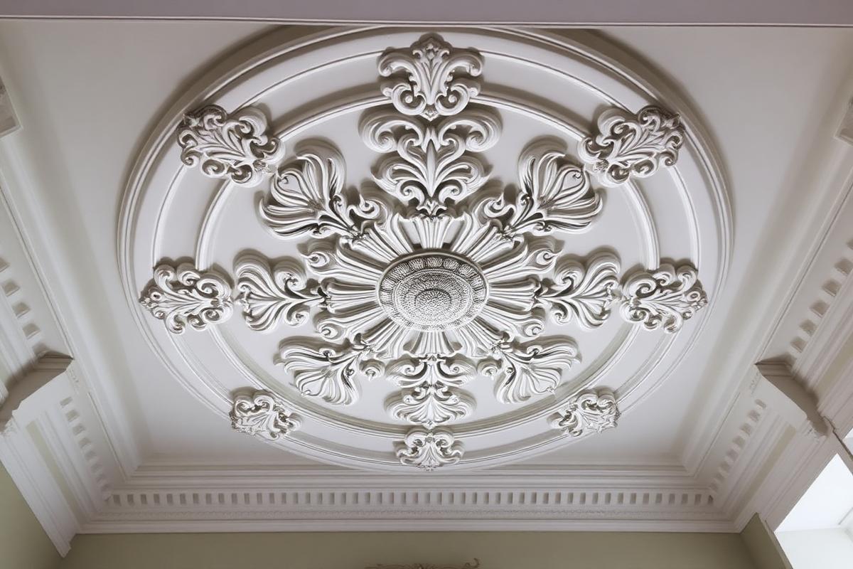 Restored ornate plaster ceiling rose and cornice in a period property
