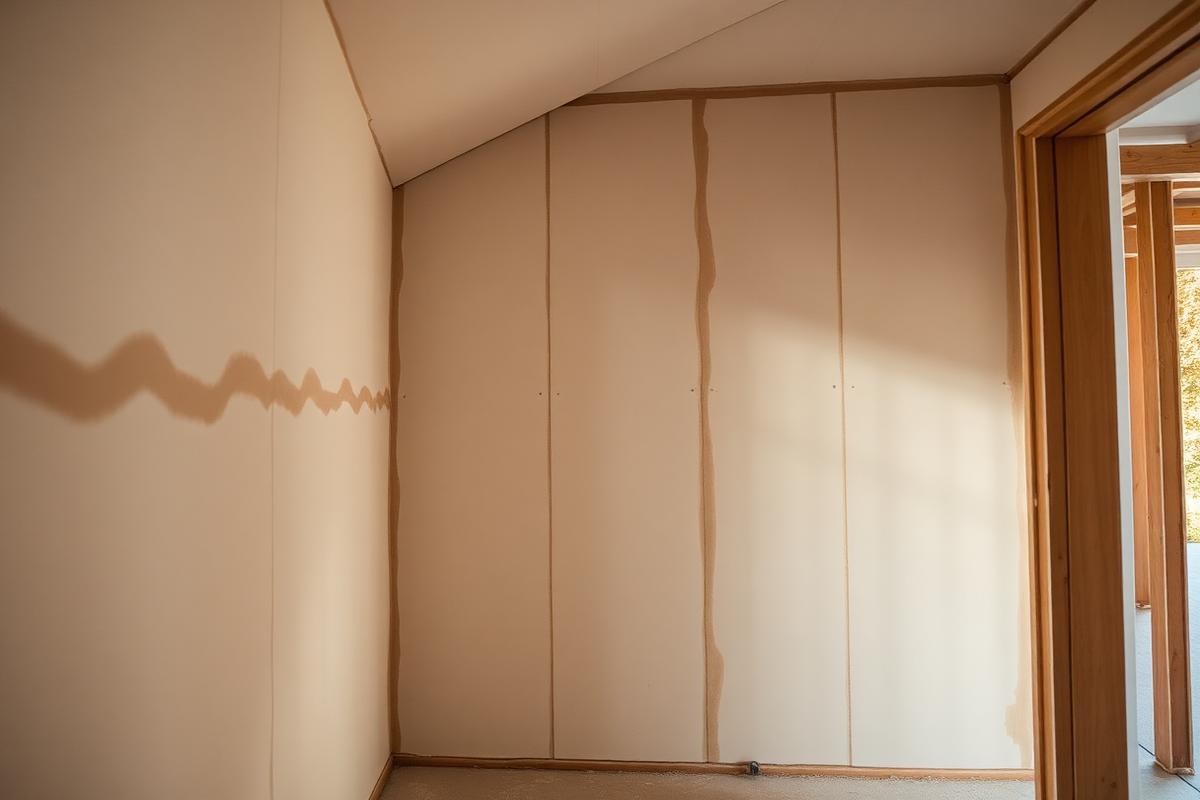 Plasterboard dry lining fitted to a house extension with taped joints